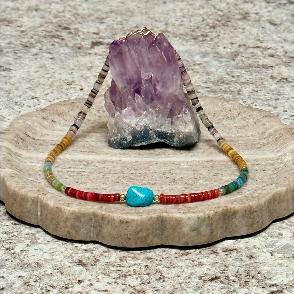 Gold-Filled Shell Heishi Minimalist Necklace With Turquoise Accent - Picture 2 of 3